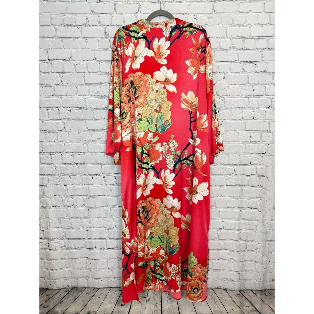 Natori Enchanted Lotus Satin Zip Caftan Women Plus 2X Boho Resort Art To Wear - Picture 14 of 16